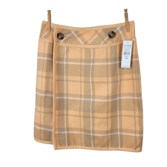 NEW Nine & Co Pencil Wrap Skirt Size 14 Plaid Check Career Flannel Orange Tan - Picture 1 of 5